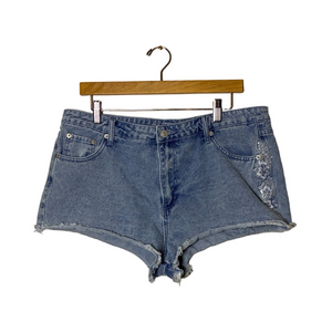 BLUE‎ ASPHALT Women XL Hibiscus Embroidered Denim Shorty Shorts Y2K Tropical